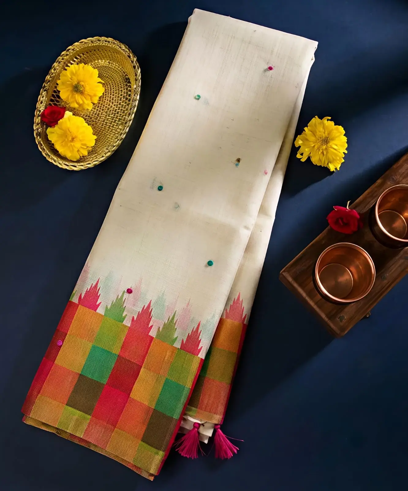Off - White Linen Multi-checks Pattern Saree